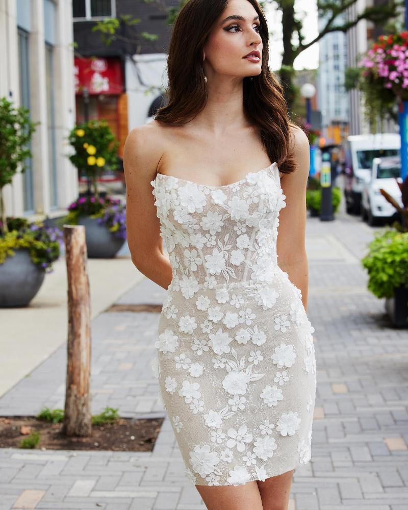 Aa2330 3d lace short wedding dress with sleeves and strapless neckline3